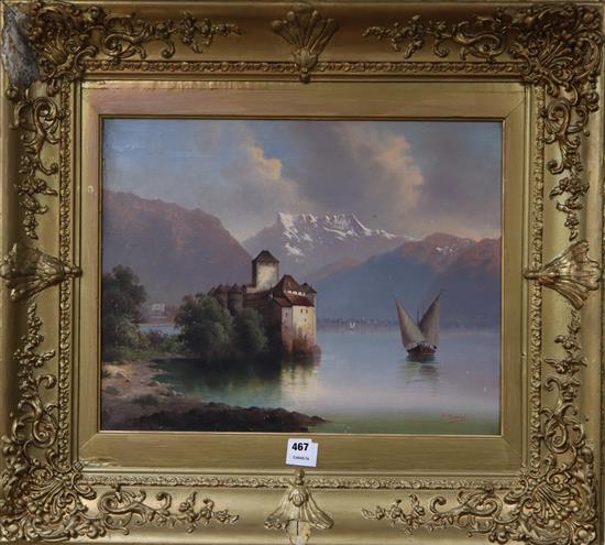 P. Mourlot, oil on canvas, Swiss lake scene, 42 x 54cm